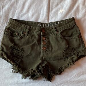 Forest Olive Green Frayed Women Denim Shorts